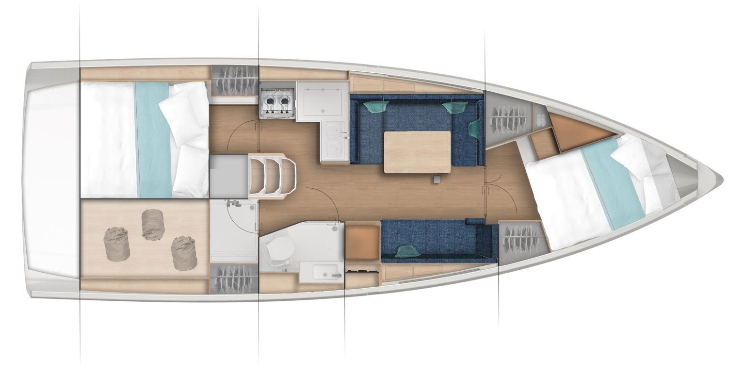 Sun Odyssey 380 Layout 2 Cabin / 1 TWC / Storage