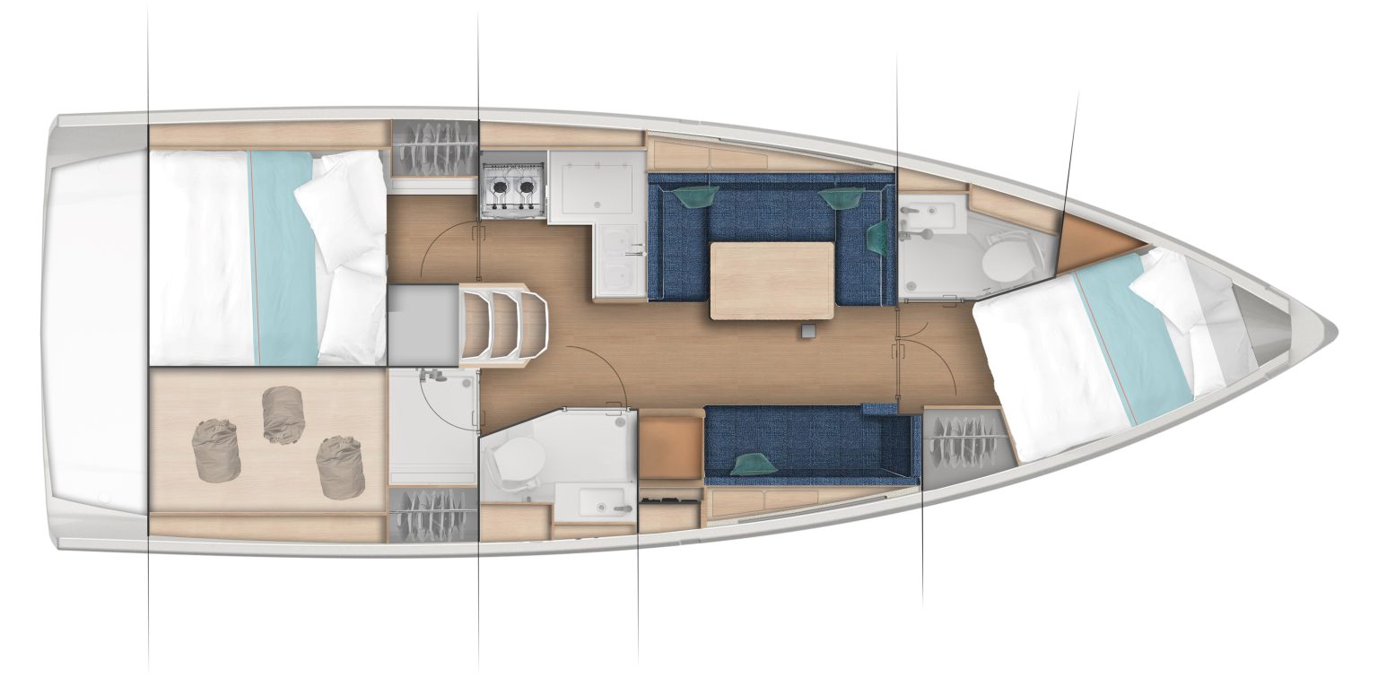 Sun Odyssey 380 Layout 2 Cabin / 2 TWC / Storage