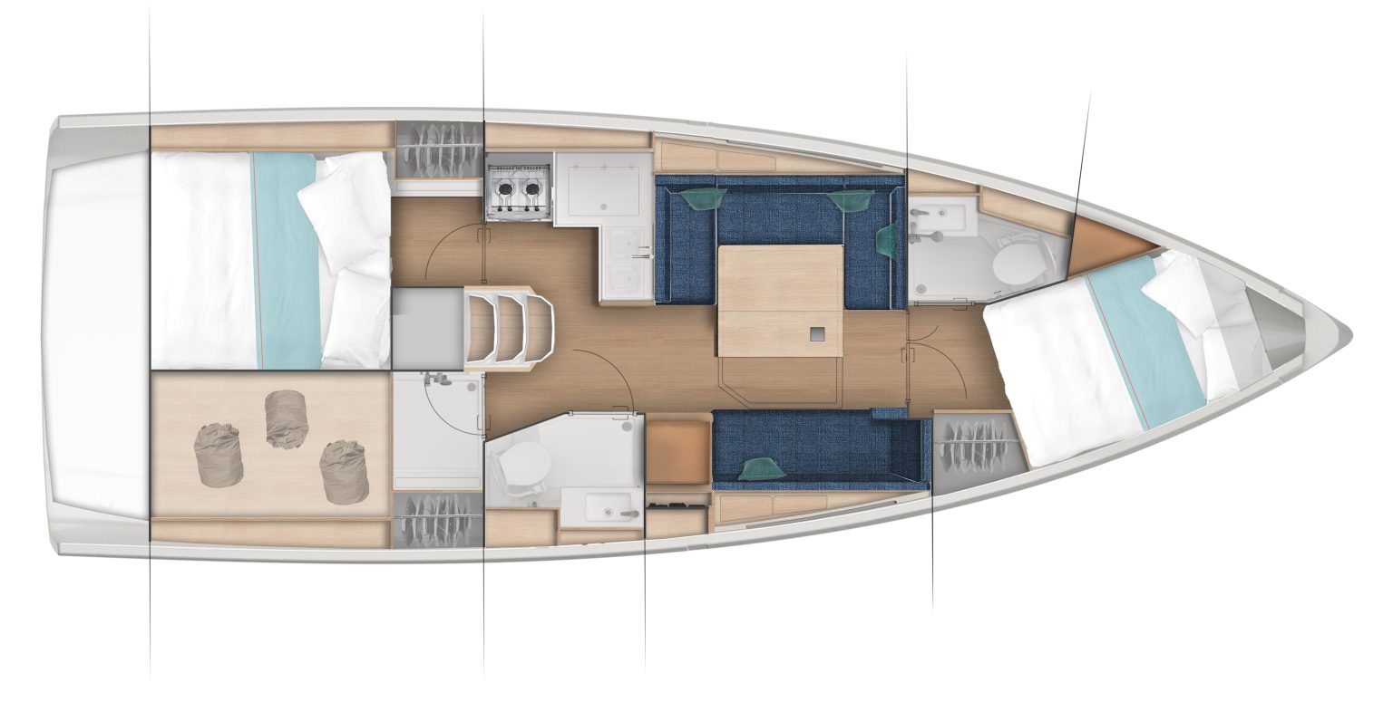Sun Odyssey 380 Layout 2 Cabin / 2 TWC / Storage