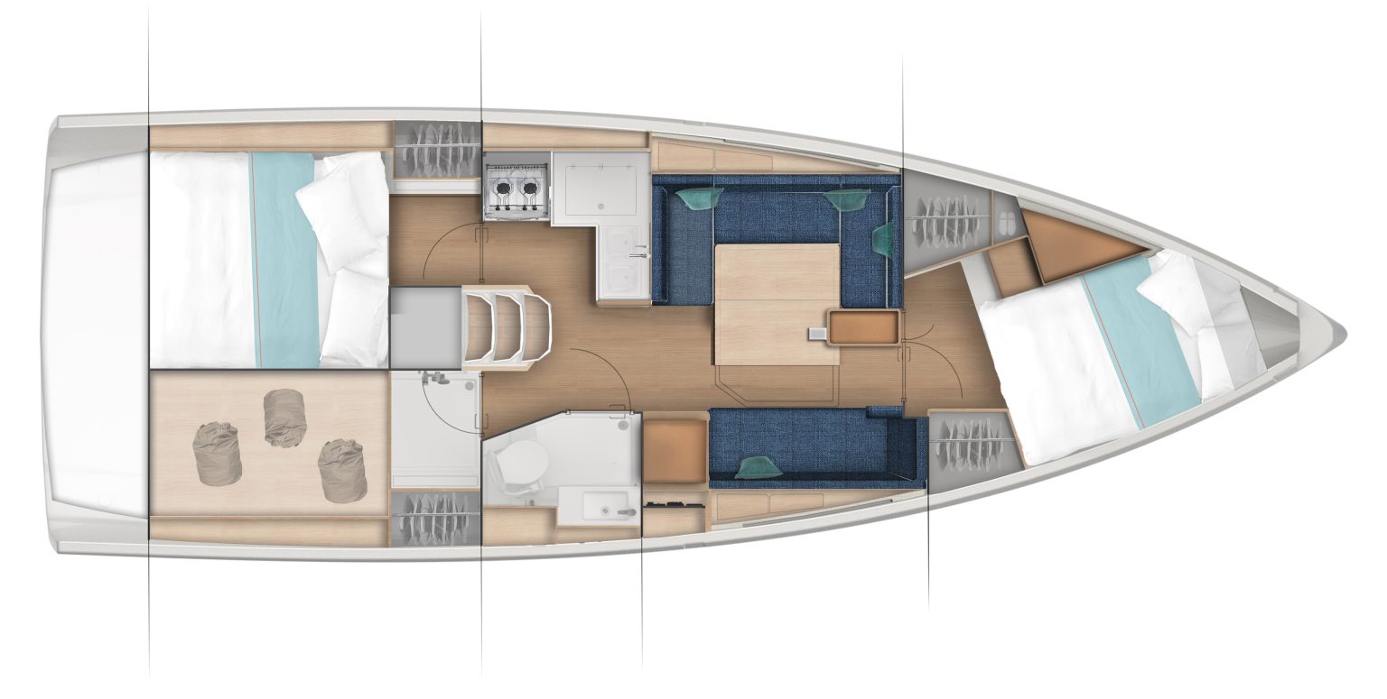 Sun Odyssey 380 Layout 2 Cabin / 1 TWC / Storage